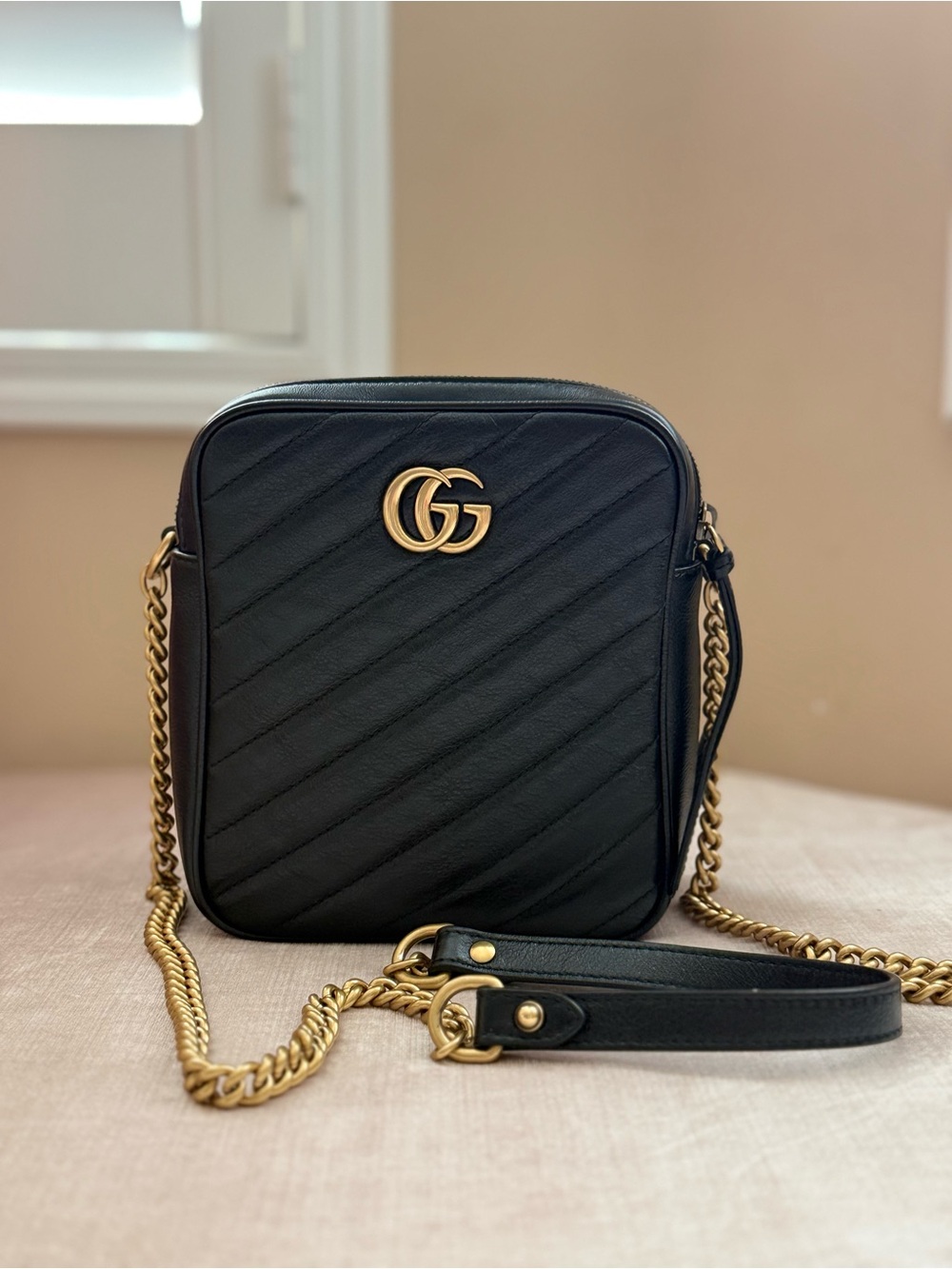 Gucci Black Quilted Chevron Crossbody with Gold Hardware